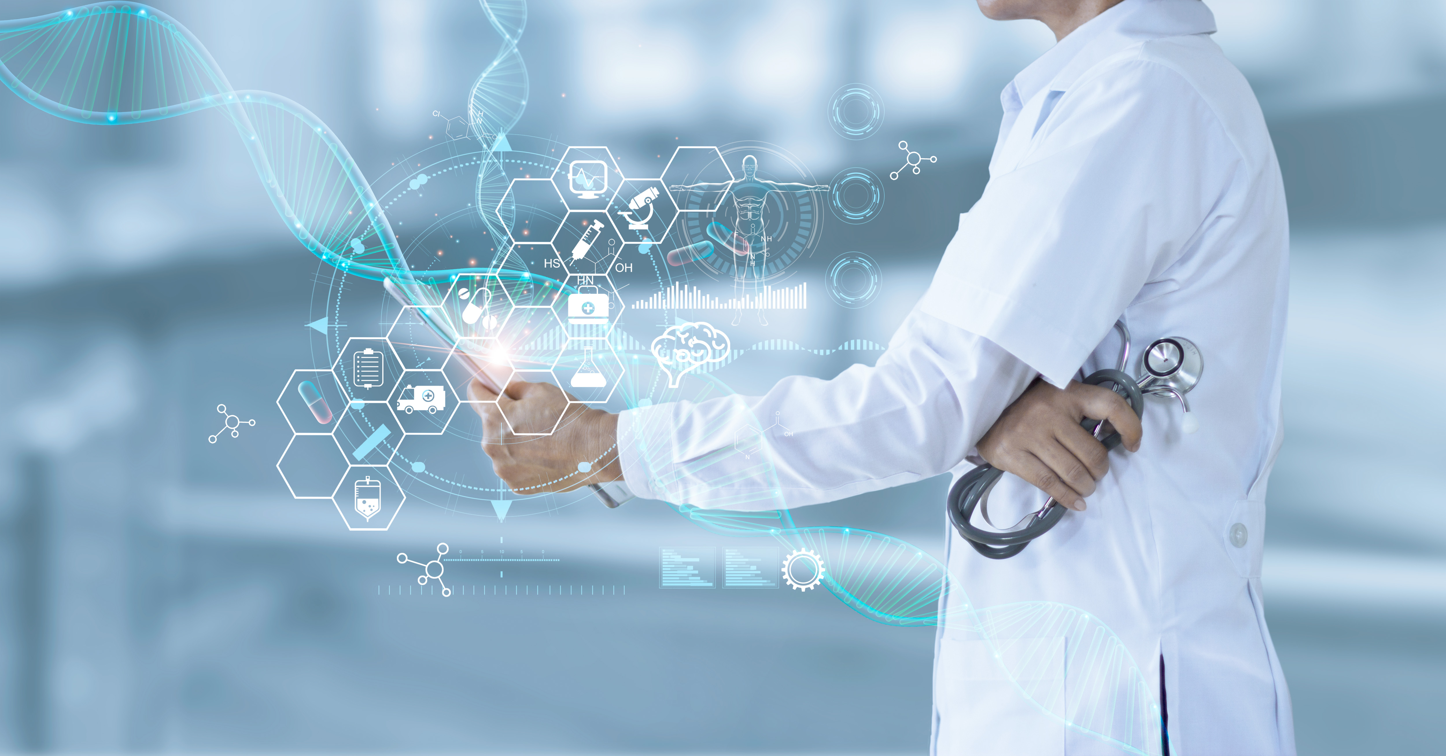 Medicine doctor holding electronic medical and record on tablet. DNA. Digital healthcare and network connection on hologram modern virtual screen interface, medical technology and futuristic concept.